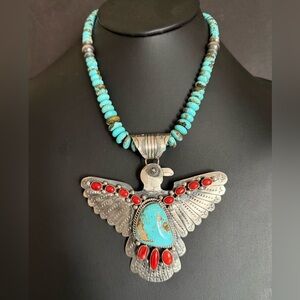 Navajo sterling silver turquoise coral thunderbird pendant necklace